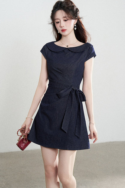 Blue Denim Doll Collar Pleated A-Line Dress