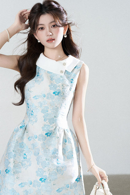 Blue Floral Jacquard Sleeveless Dress
