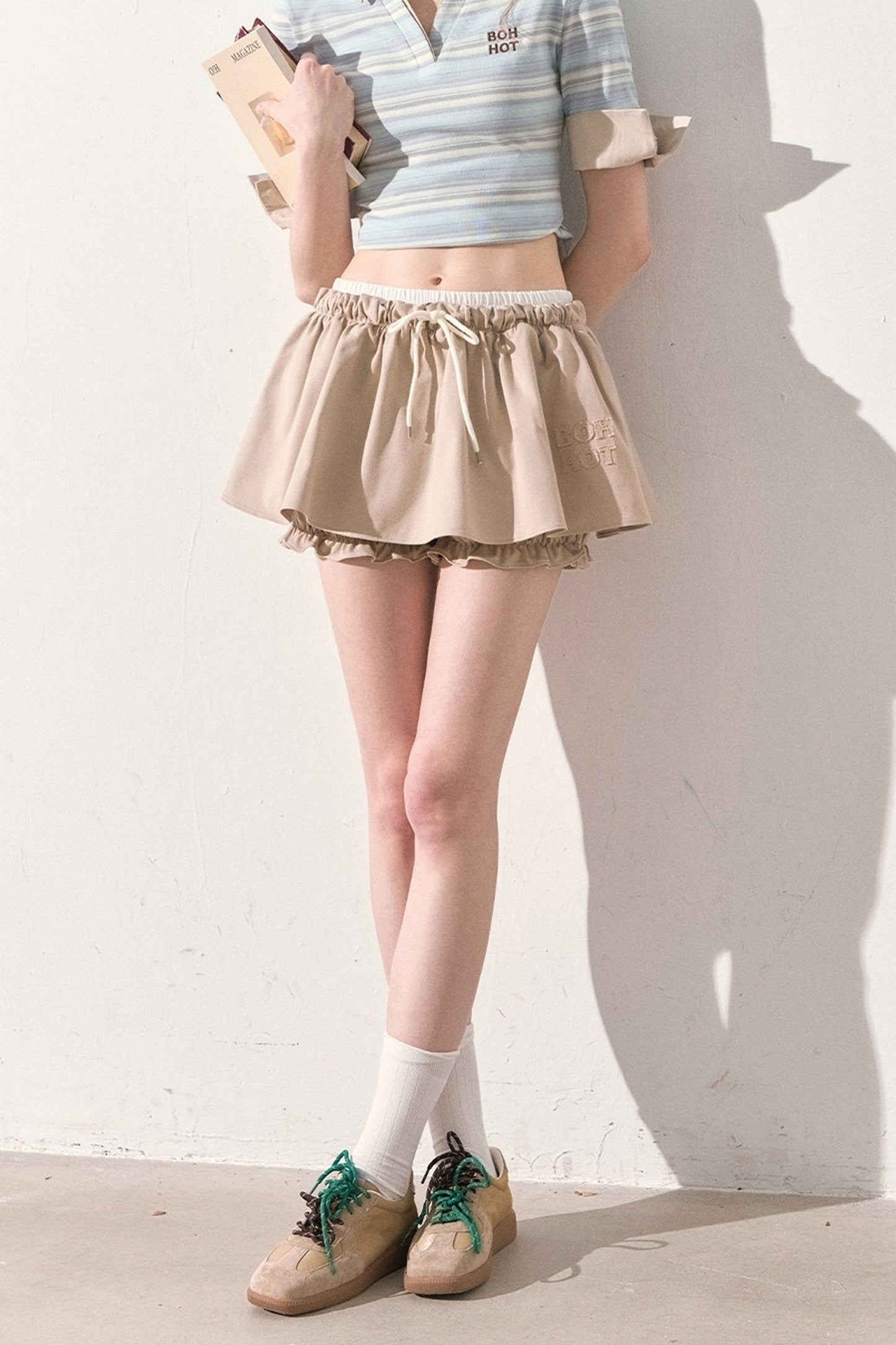 Embroidered Low-rise Drawstring Puff Skirt