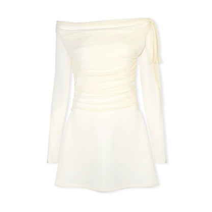 Pleated Tulle Bow Long-Sleeve Dress