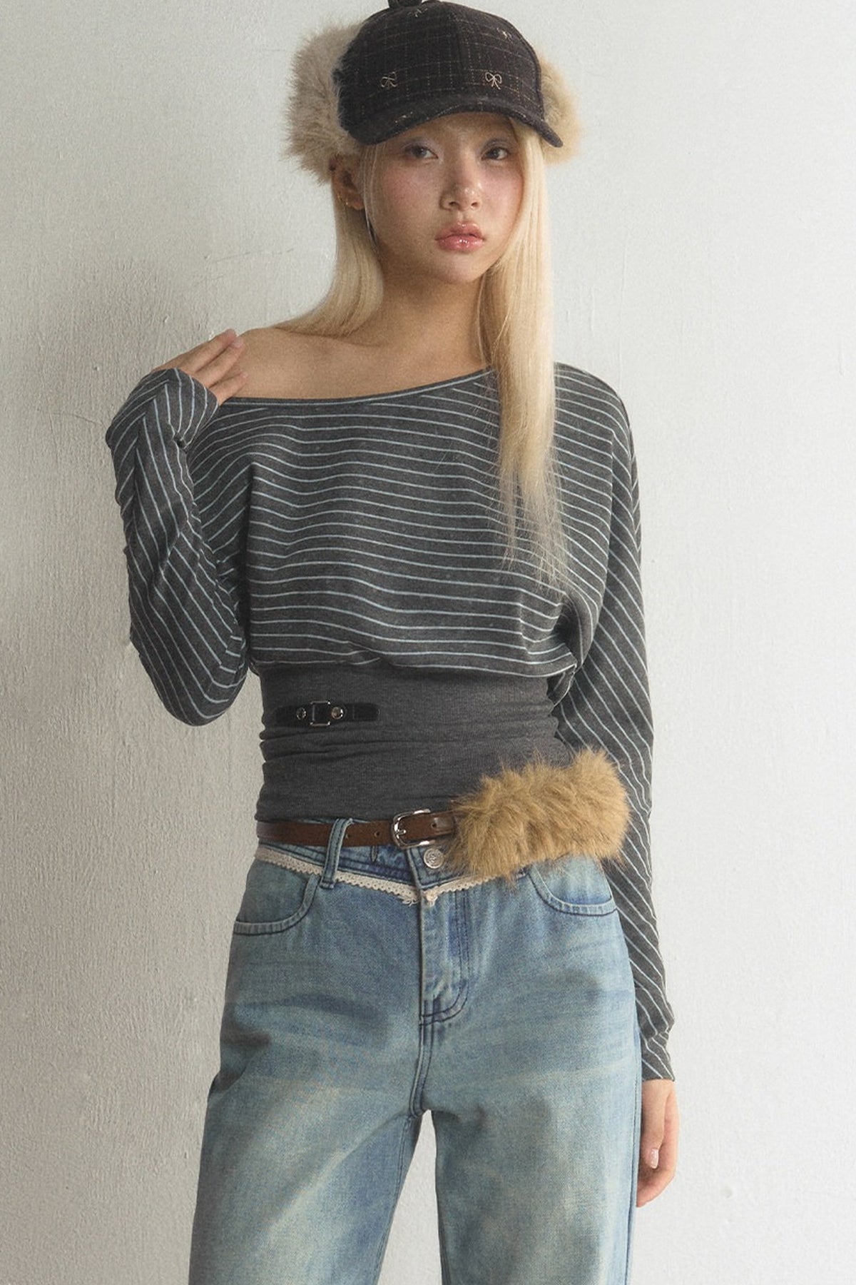 Striped Off-Shoulder Top and Jeans Set-Up