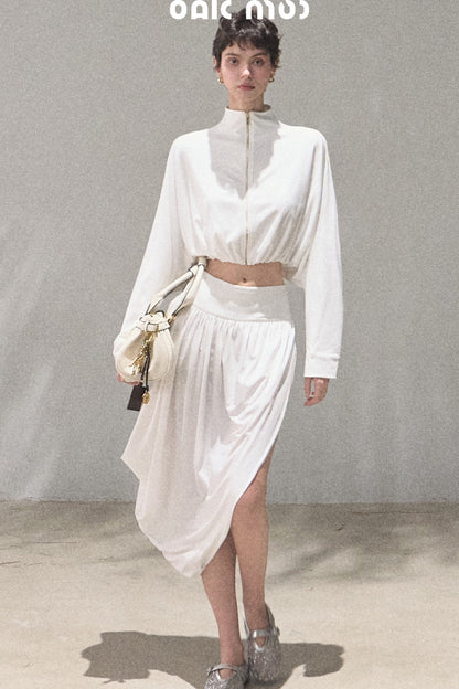 Irregular High-Waisted White Slit Skirt
