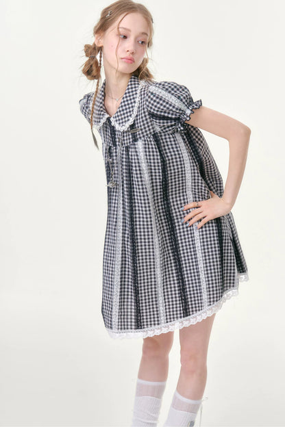 Retro Plaid Doll Collar Lace Dress