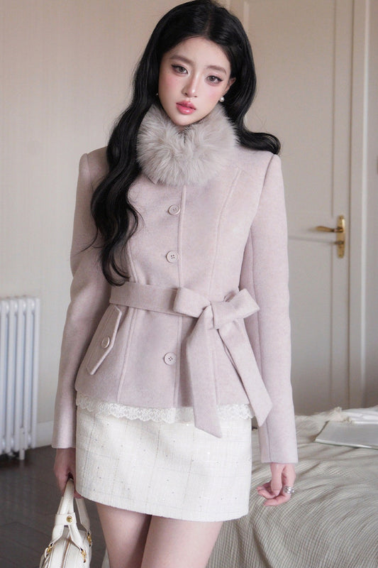 Pink Belted Woolen Coat and Skirt Set-Up