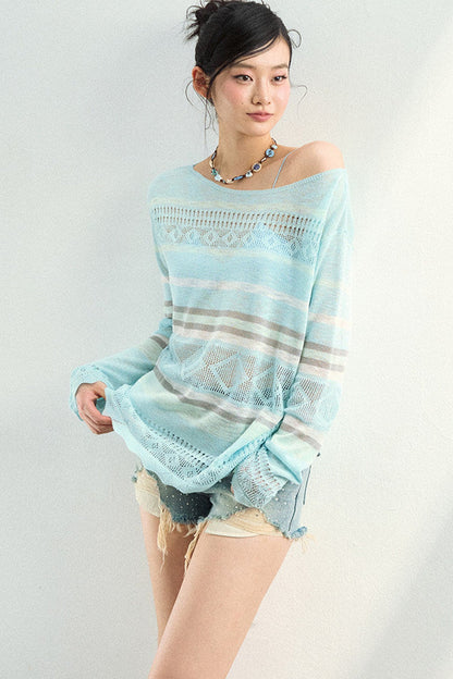Color-Blocked Striped Knit Blouse