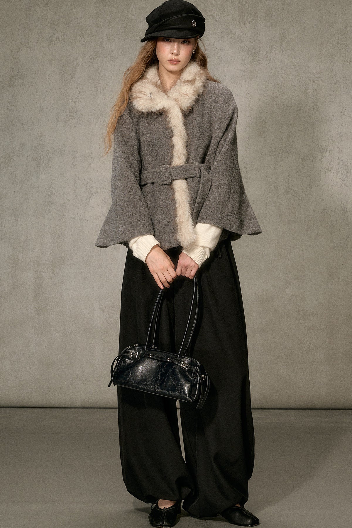 Floral Fur Collar Woolen Cape