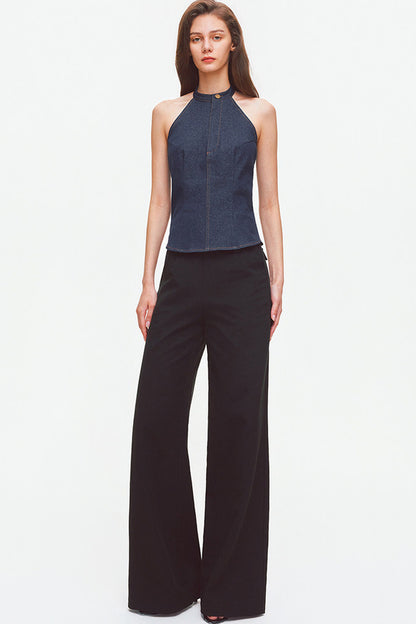 Top all'americana in denim con cuciture a contrasto e schiena scoperta