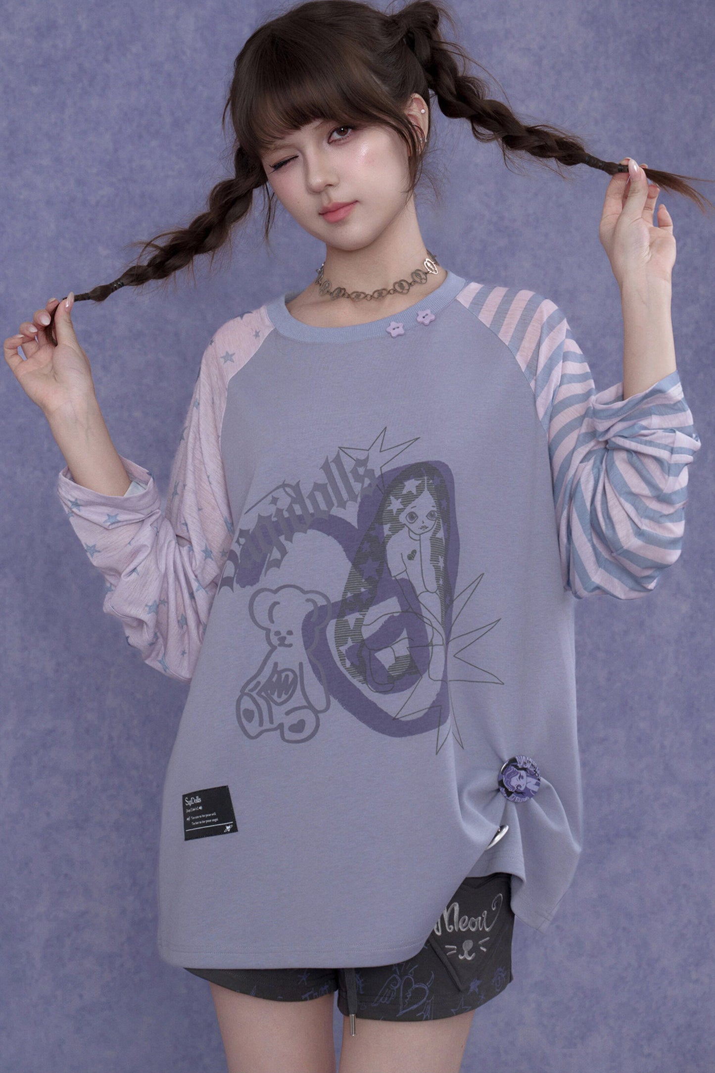 Purple Graffiti Print Raglan Blouse Set-Up