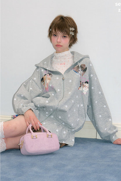 Cat Polka Dot Zipper Hooded Jacket