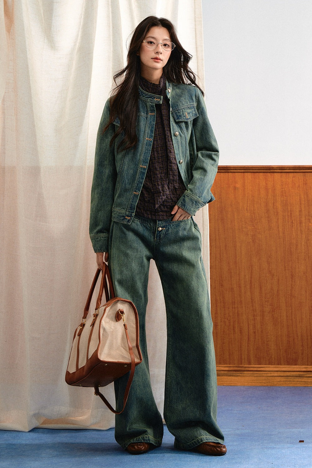 Retro Washed Denim Top and Wide-Leg Pants Set-Up