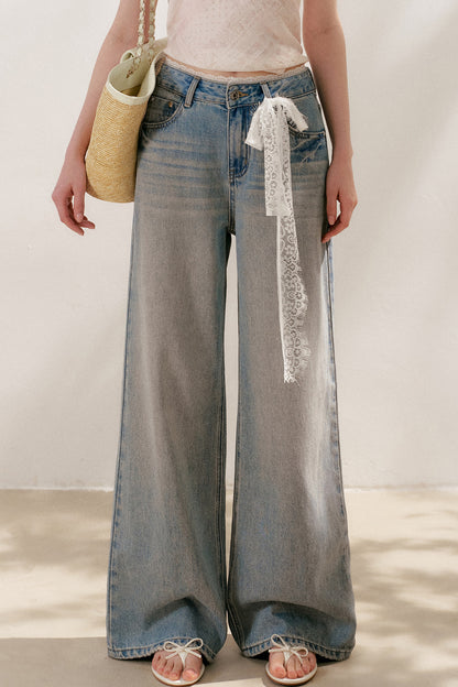 Lace Tie-Up Wide-Leg Jeans