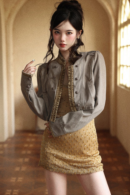 Vintage Patchwork Ruffled Placket Short Jacket
