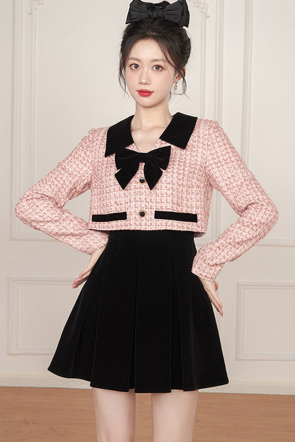 Pink Bow Layered-Look Tweed Dress