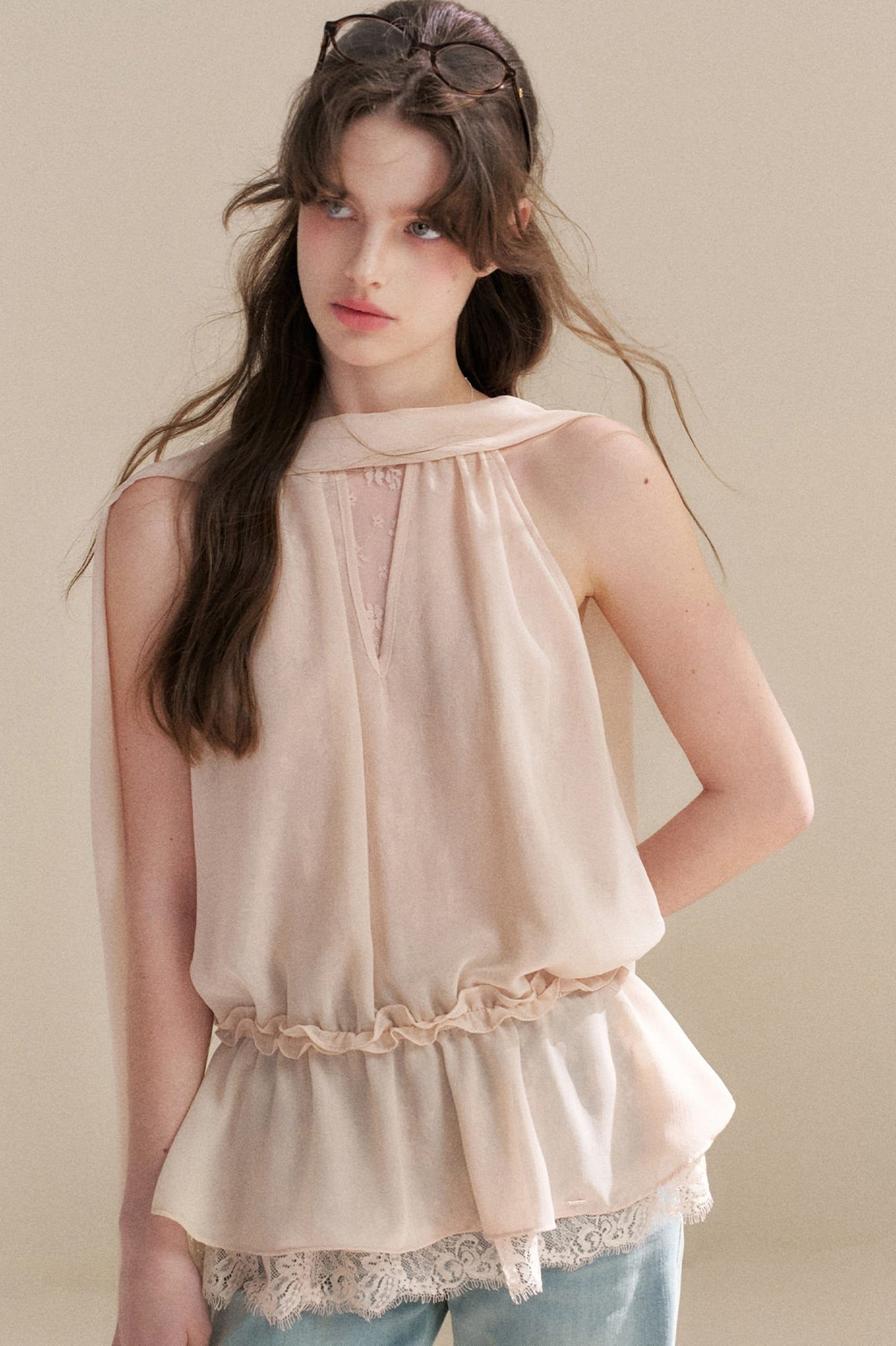 French Chiffon Lace Ribbon Top