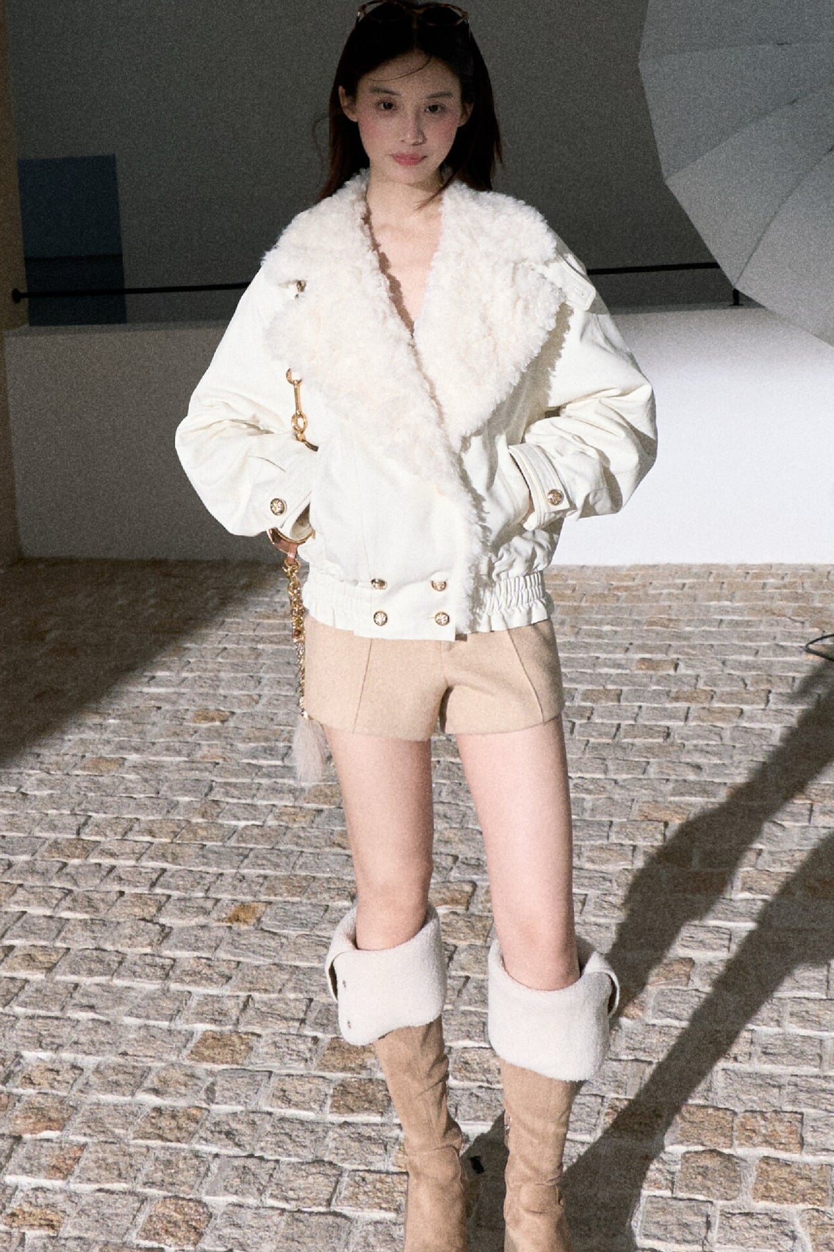 Napoleon Style Curly Fur Lapel Padded Jacket