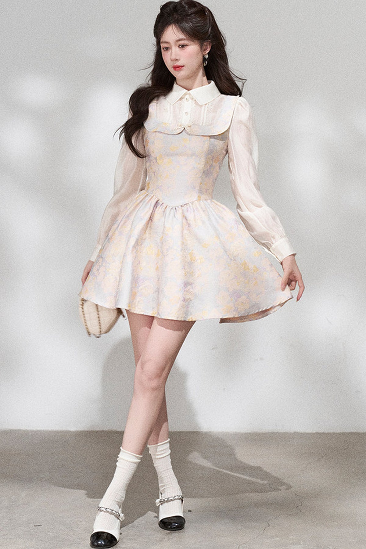Layered-Look Long-Sleeve Jacquard Dress
