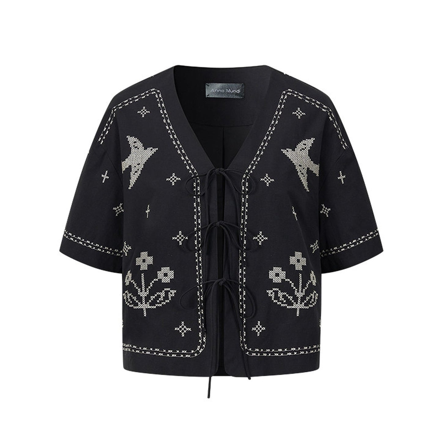 Bird Embroidered Cotton Linen Cardigan Set-Up