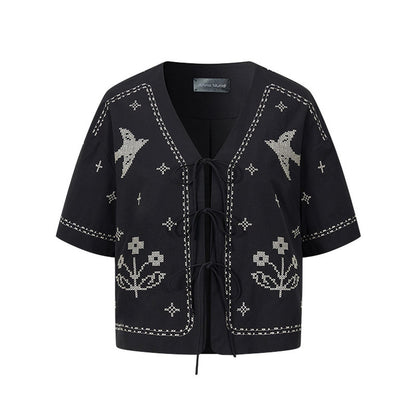 Bird Embroidered Cotton Linen Cardigan Set-Up