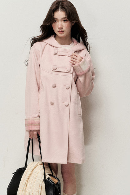 Cappotto doppiopetto con cappuccio a quadri rosa e color crema