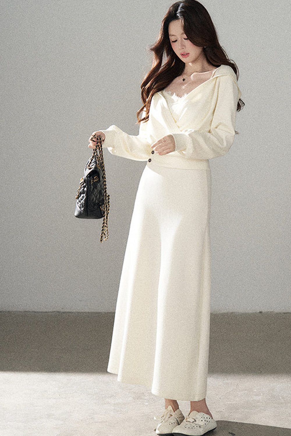 Apricot Flared Lace Dress and Hooded Sweatshirt