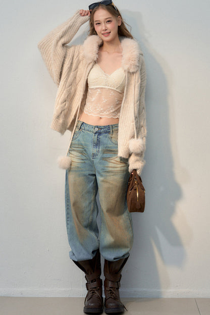 Fur Collar Hooded Knit Cardigan