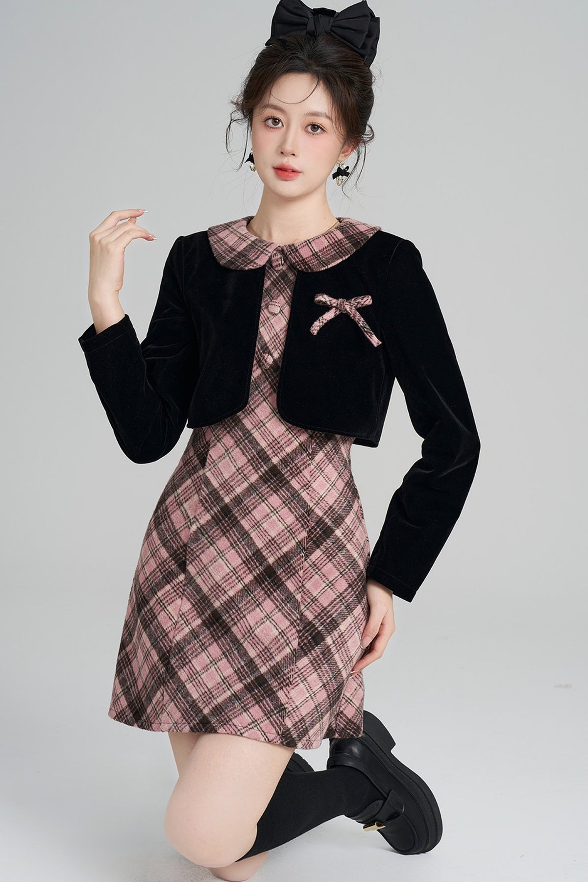 Layered-Look A-Line Plaid Dress