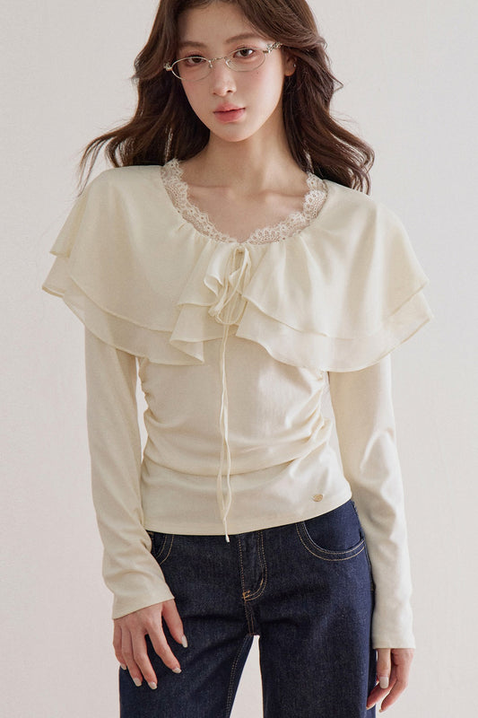 Lace Trim Ruffle Collar Long Sleeve Tee