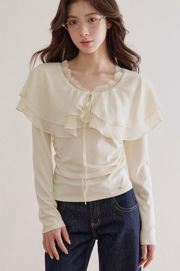 Lace Trim Ruffle Collar Long Sleeve Tee