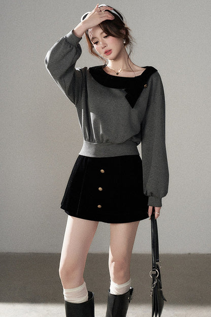 Gray Pullover Sweatshirt and Black Skirt Set-Up
