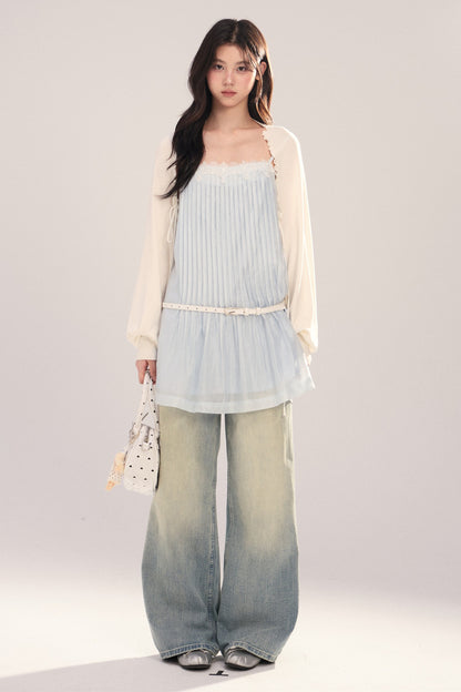 Suspender Dress with Lantern Sleeve Shawl Cardigan Set-Up