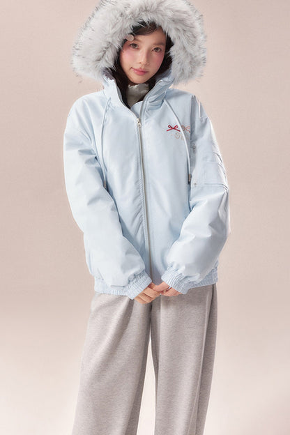 Embroidered Bow Fur Hood Down Jacket