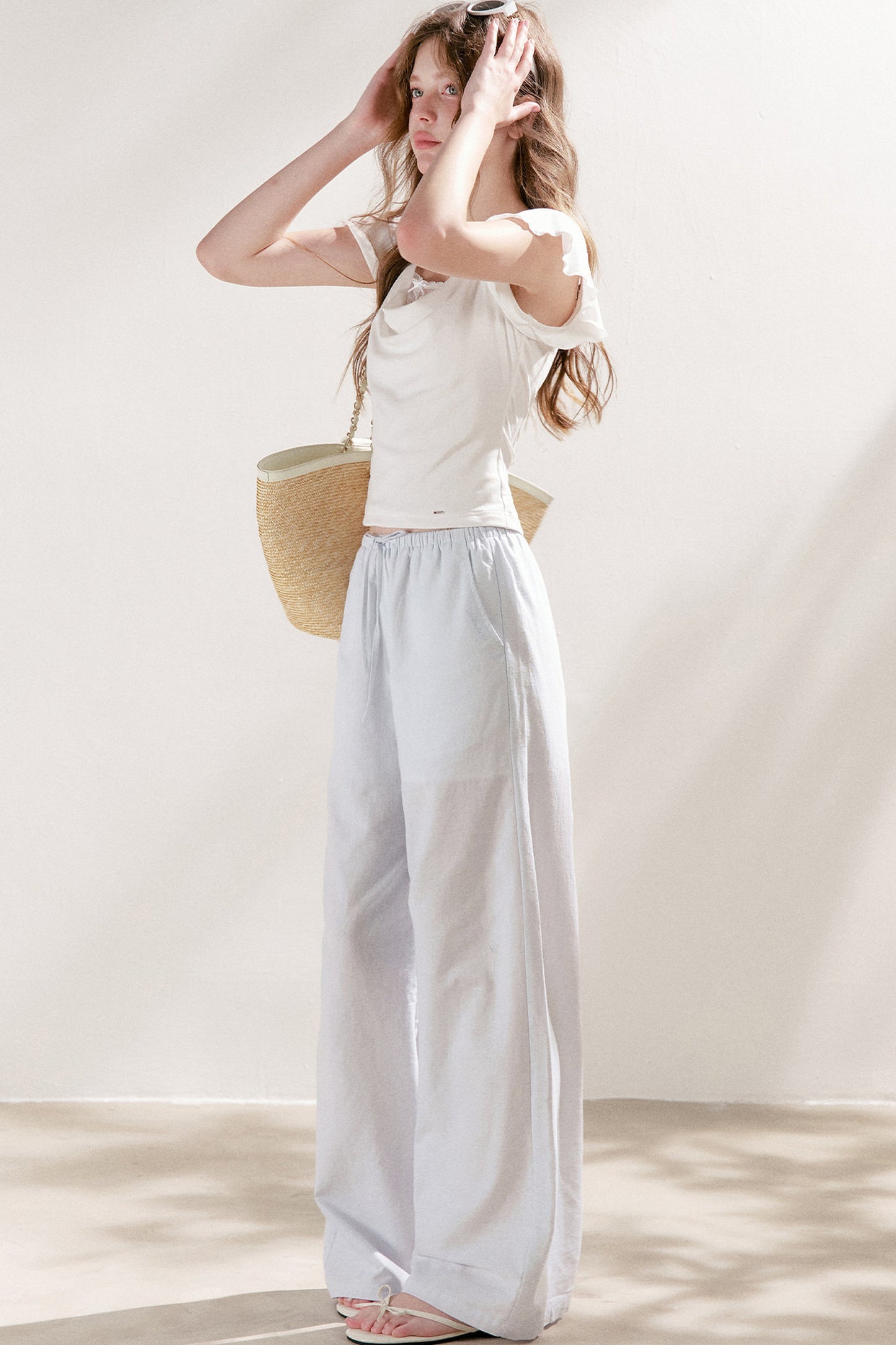 High-Waisted Linen Cotton Drawstring Wide-Leg Pants