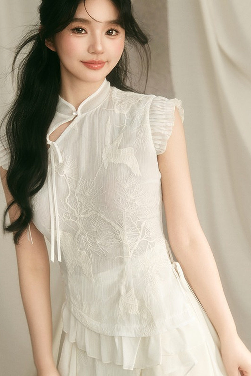 Embroidered Cheongsam Top and Ruffled Skirt Set-Up