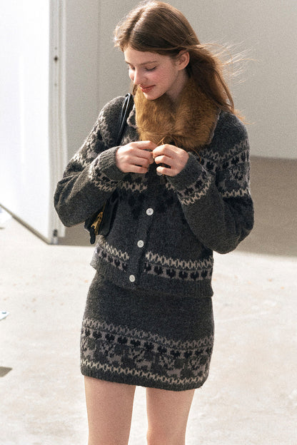 Fair Isle Knit Wool Cardigan and Skirt Set-Up