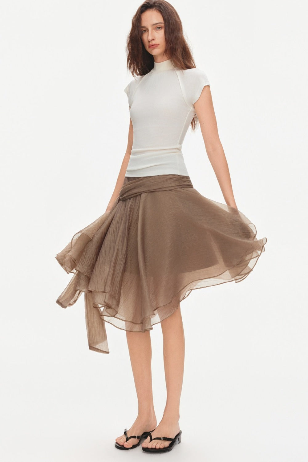 Asymmetrical Tie Waist Sheer Midi Skirt