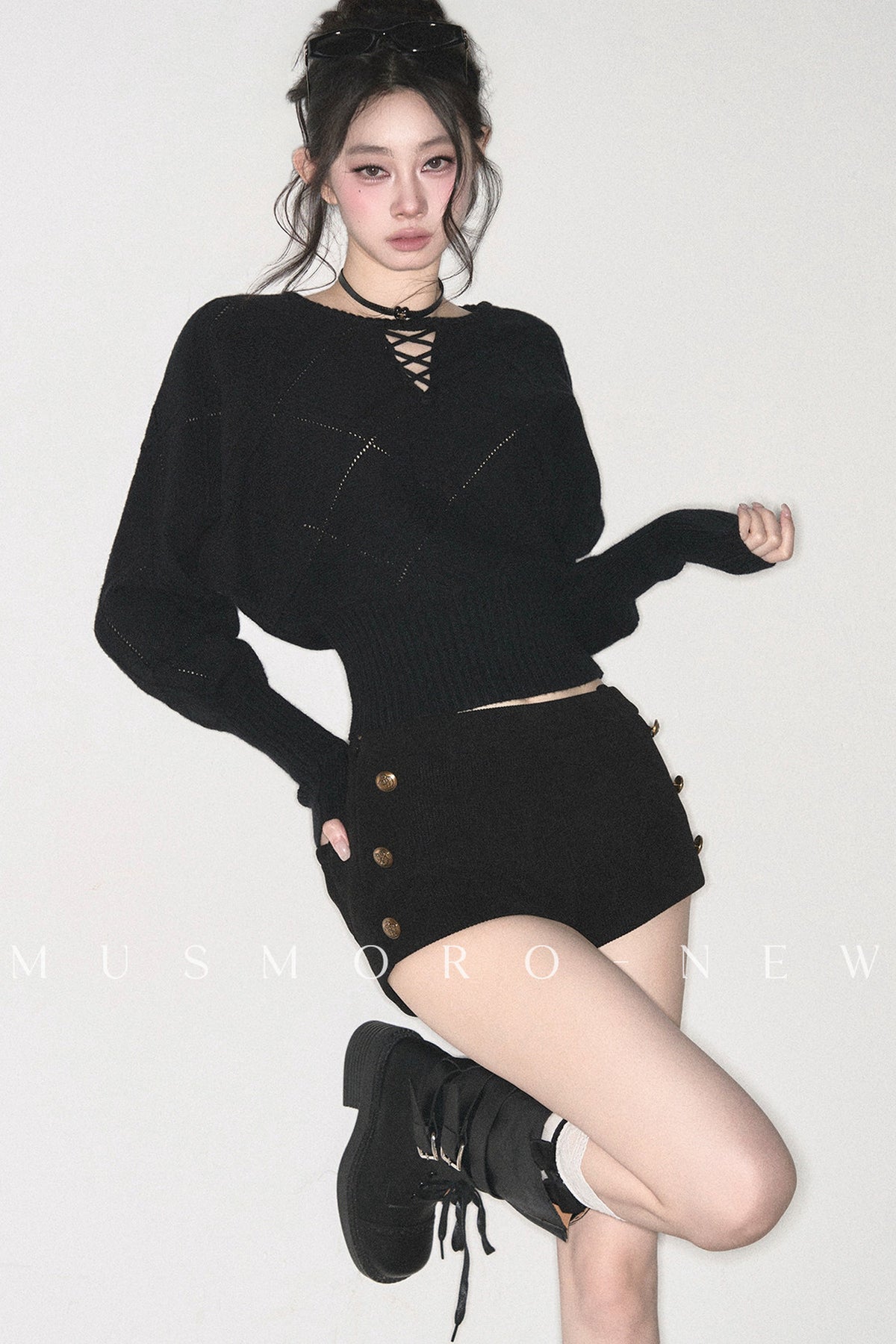 Lace-Up V-Neck Knit Top