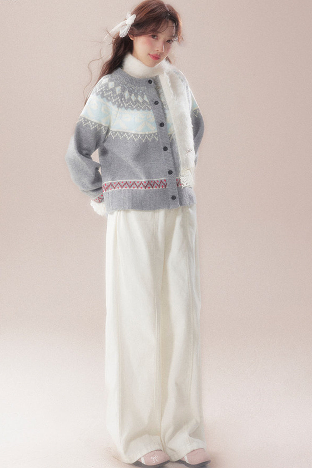 Bowknot Fair Isle Sweater Cardigan