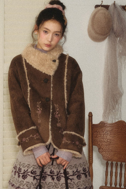 Embroidered Branch Snow Faux Suede Jacket