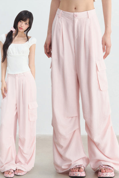 Pink High-Waisted Wide-Leg Cargo Pants