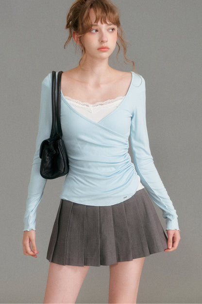 Layered-Look Lace Camisole Cross V-Neck T-Shirt