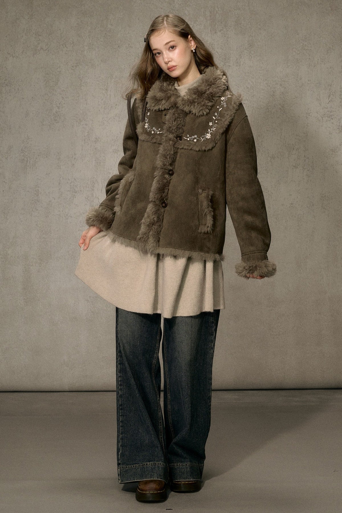 Embroidered Fur Collar Shearling Jacket