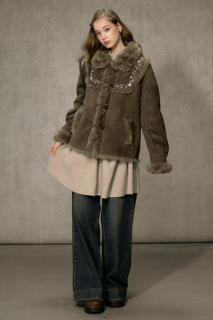 Embroidered Fur Collar Shearling Jacket