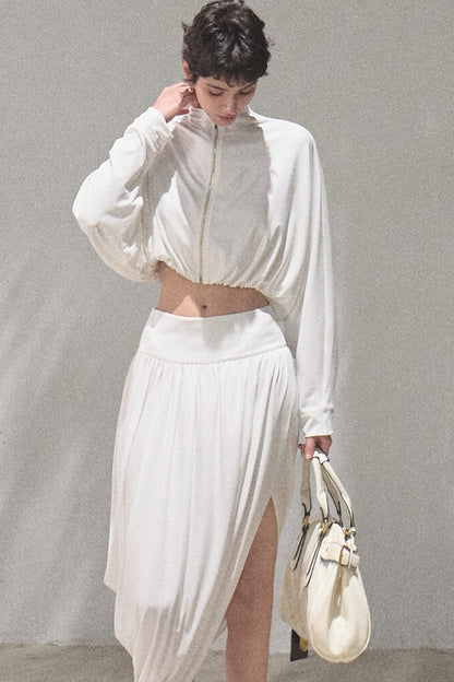 Irregular High-Waisted White Slit Skirt