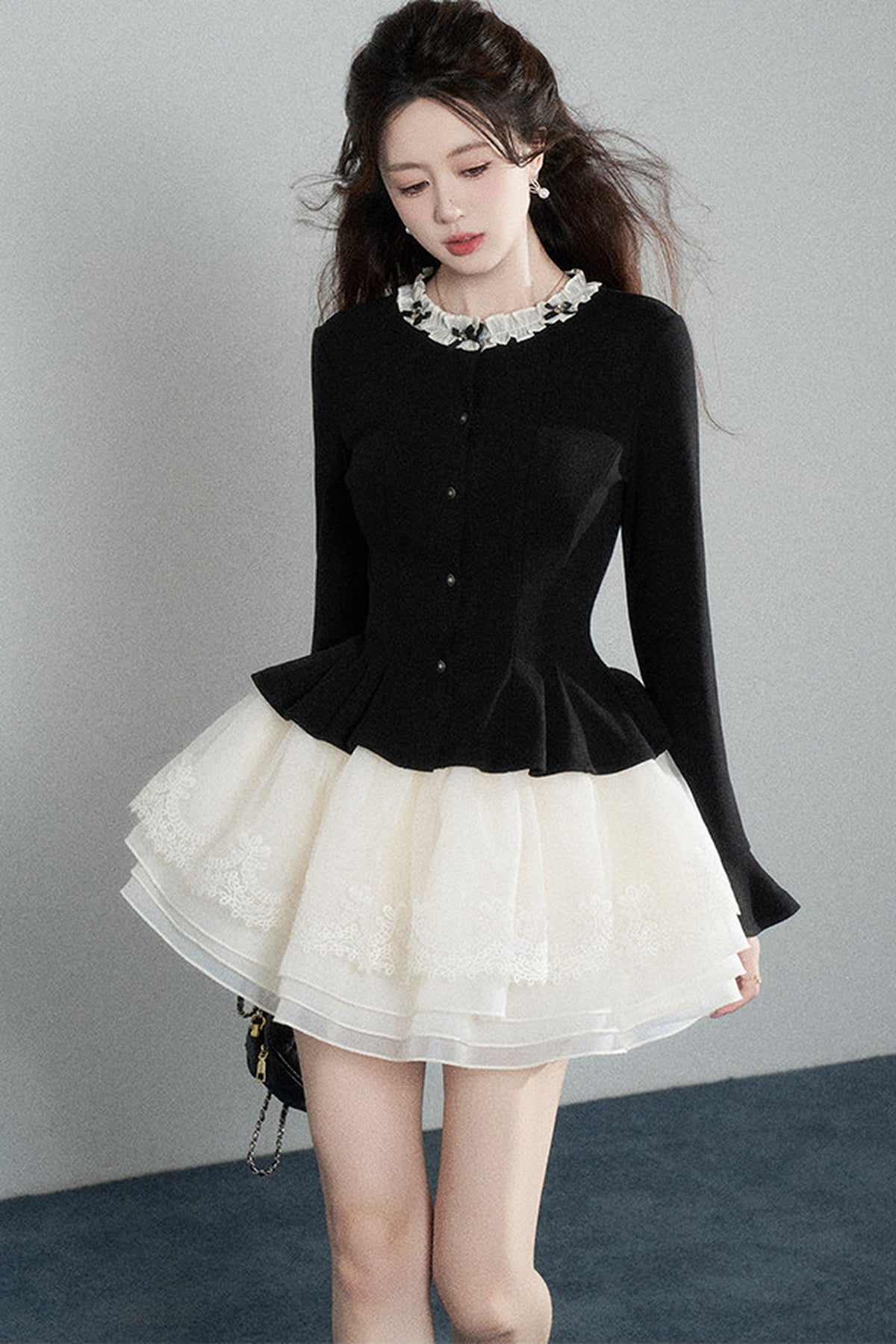 Black Waist-Cinching Shirt and Mesh Puffy Skirt Set-Up