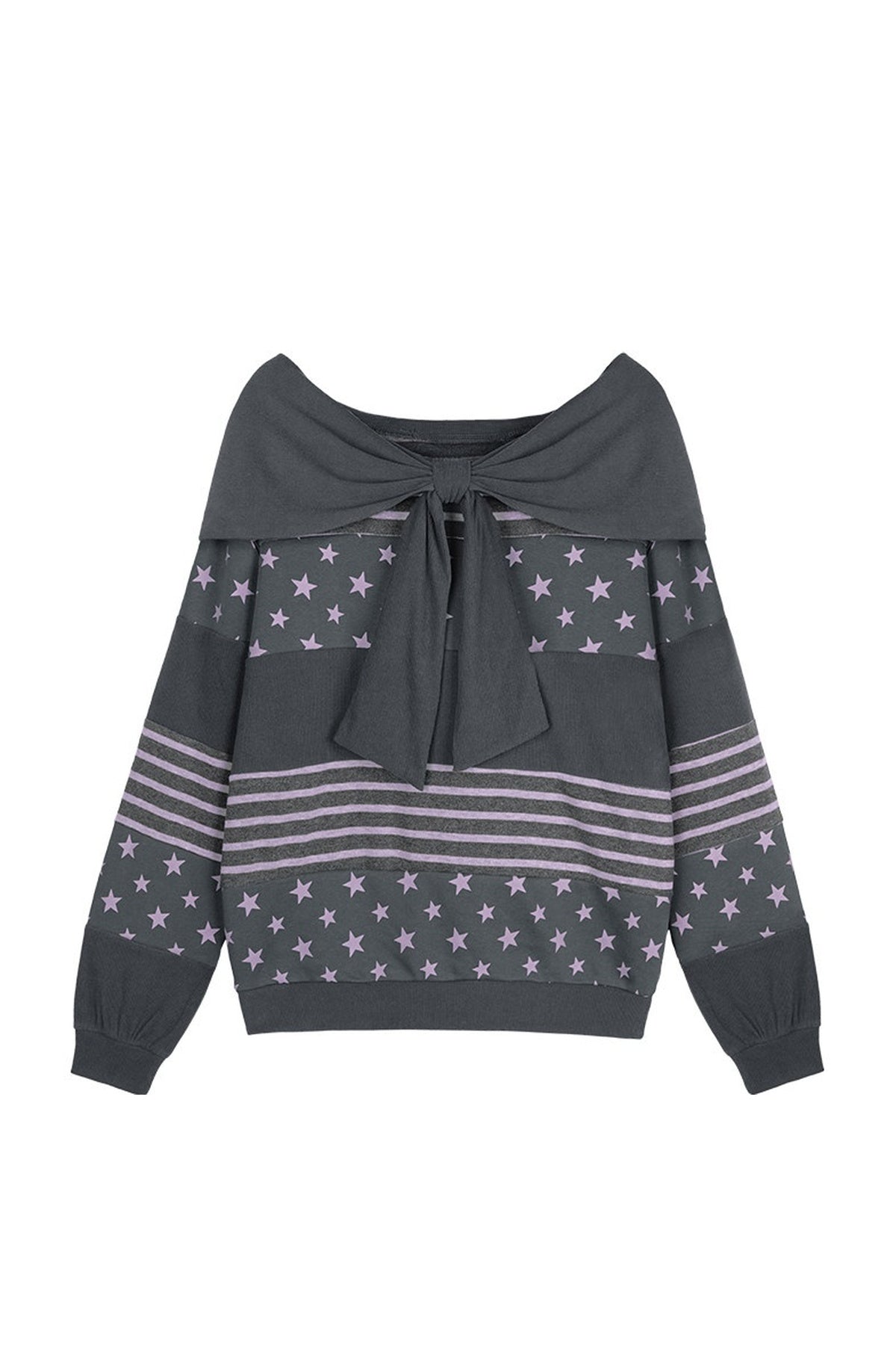 Star Patchwork Bowknot One-Shoulder Hooded Sweatshirt