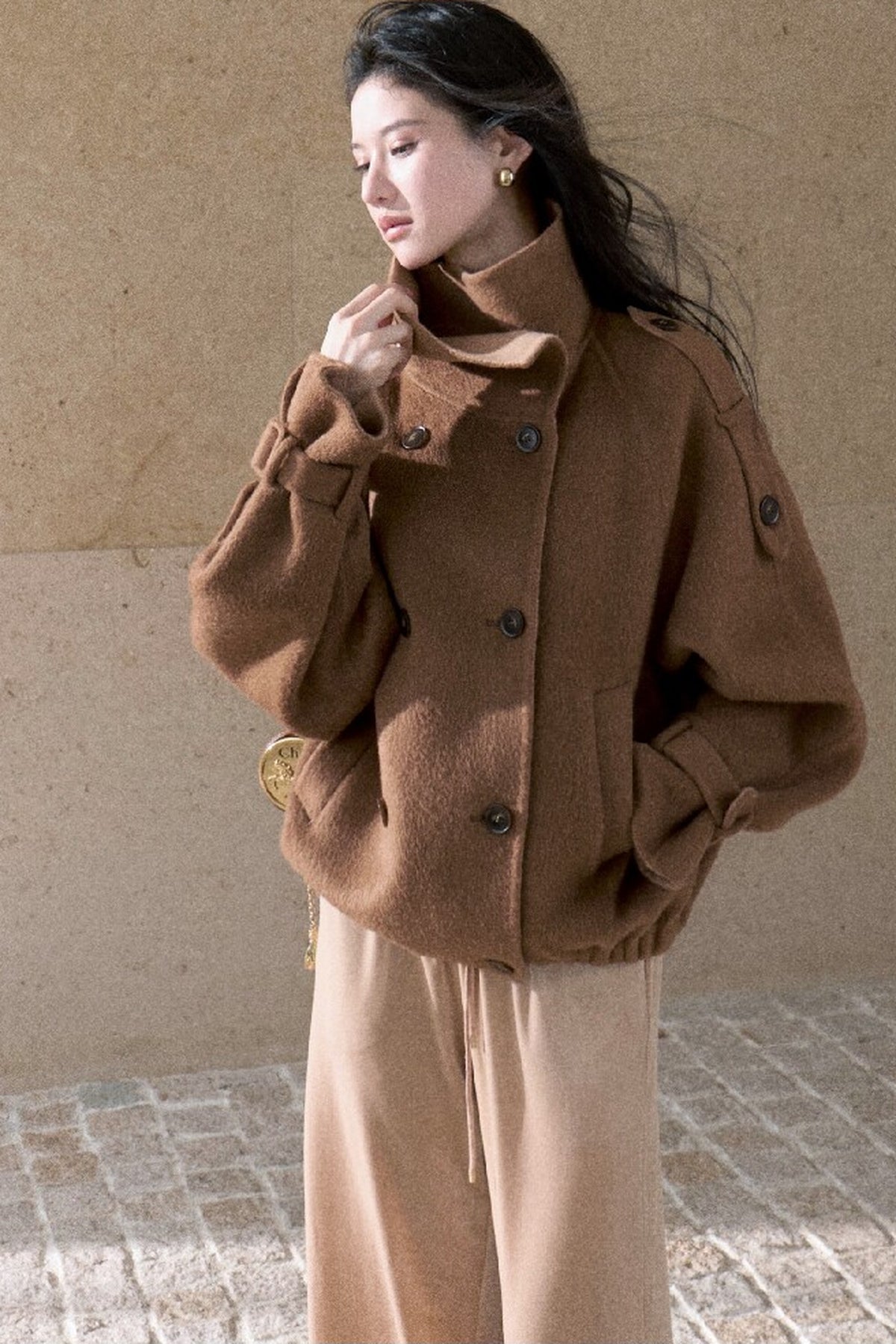 Lace Knit Long-Sleeve Top and Drape Velvet Straight-Leg Pants Set-Up