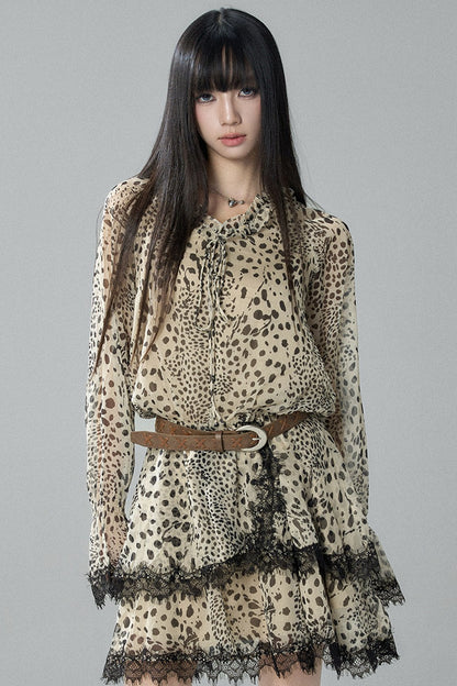 Long-Sleeve Chiffon Leopard Print Dress