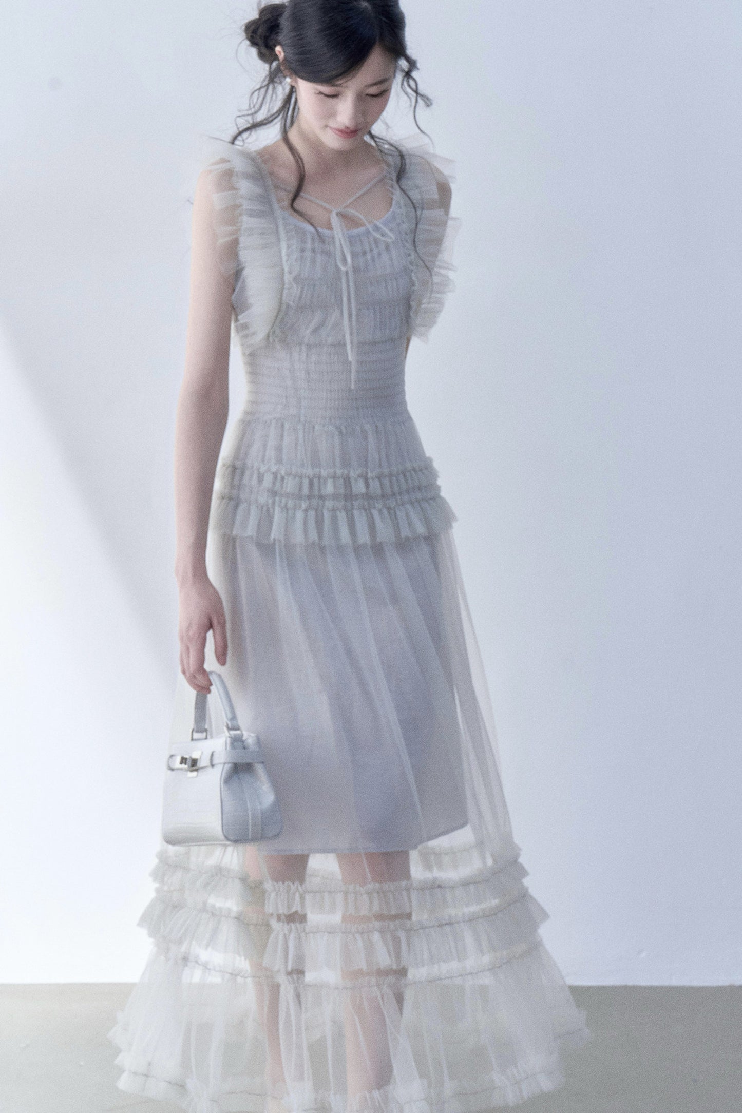 Pleated Lace Flutter Sleeve Dress