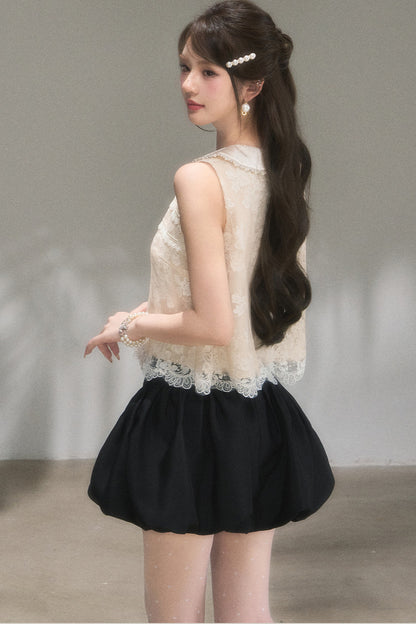 Doll Collar Lace Top and Floral Skirt Set-Up