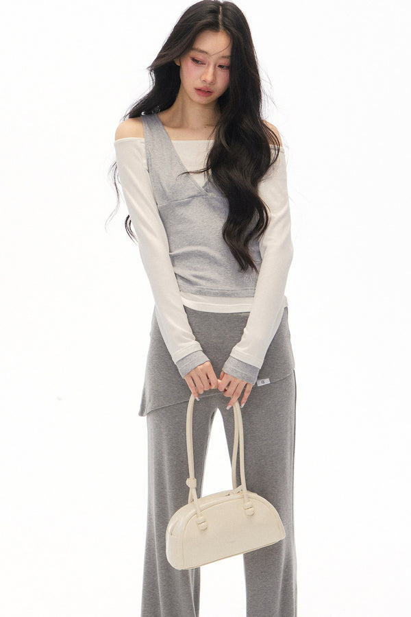 One-Shoulder V-Neck Long-Sleeve T-Shirt and Pants Set-Up